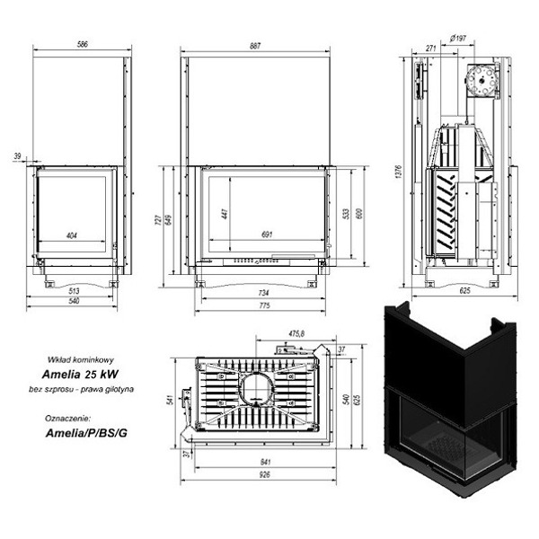 Топка AMELIA/P/BS/G, Г-образное стекло справа, гильотина