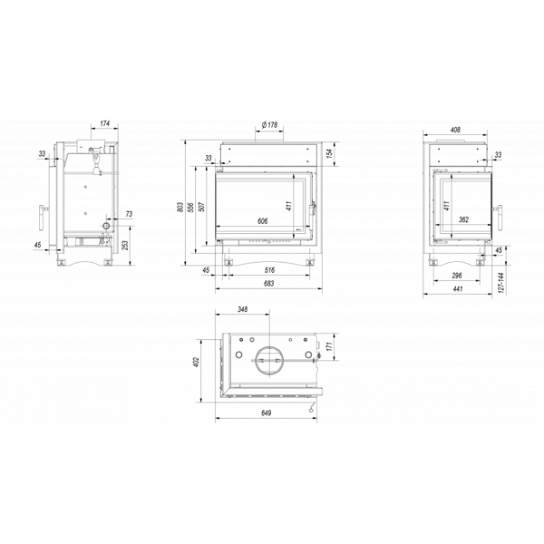 Топка с водяным контуром Maja/PW/BL/12/BS/W/DECO, Г - образное стекло слева, змеевик