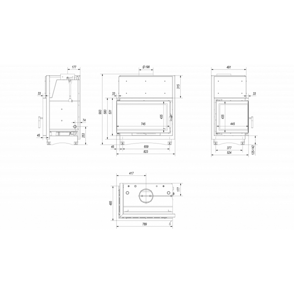 Топка с водяным контуром Oliwia/PW/BL/17/BS/W/DECO, Г-образное стекло слева, змеевик