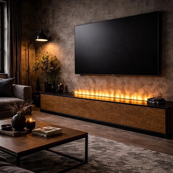 Тумба ТВ в cтиле лофт с паровым 3D электрокамином LOFT 3D Wood Black 250. Длина 250 см. Любой цвет Тумба ТВ в cтиле лофт с паровым 3D электрокамином LOFT 3D Wood Black 250. Длина 250 см. Любой цвет